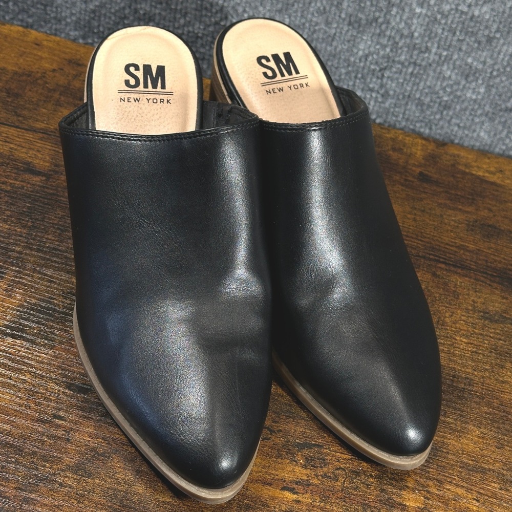 Mules SM New York‎ River Black Pointed Toe Block Heel Slip Ons 8.5M Chic Minimal
